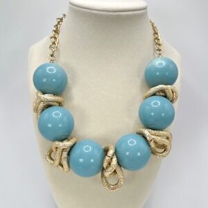 Lucia Statement Necklace Blue Gold Chunky Oversized Bead Knot Textured